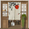 Chinese Style Linen Curtain With Bamboo Pattern And Red Circle Design 3d model