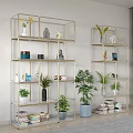 Modern Open Bookshelves with Gold Frame Potted Plants Decorative Items and Books in Minimalist Room