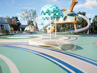 Lush Green Park Landscape With Curved Walking Paths And Playground Facilities 3d model