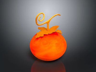 Fresh Orange Pumpkin With Curled Vine And Decorative Leaf On Dark Surface 3d model