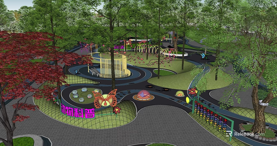 Park Landscape Featuring Butterfly Educational Zone Lush Trees And Winding Pathways 3d model