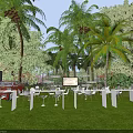 Garden Landscape With Palm Trees Green Plants Outdoor White Tables Chairs And Red Car