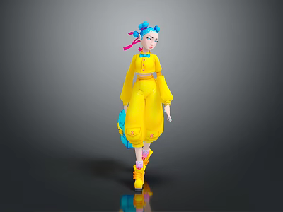3D Animated Game Movie Character with Blue Hair Pink Ribbon Yellow Outfit and Shoes 3d model