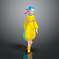 3D Animated Game Movie Character with Blue Hair Pink Ribbon Yellow Outfit and Shoes