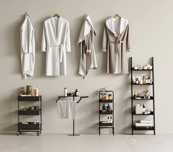 Multi Tiered Bathroom Storage Shelving Unit with Hanging Robes Toiletries and Towels 3d model 
