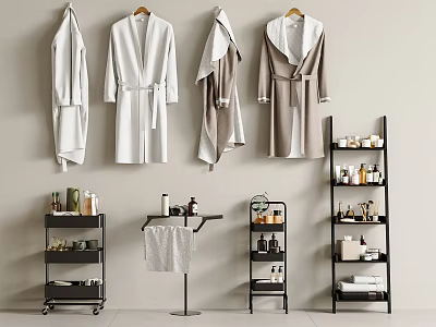 Multi Tiered Bathroom Storage Shelving Unit with Hanging Robes Toiletries and Towels 3d model