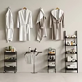 Multi Tiered Bathroom Storage Shelving Unit with Hanging Robes Toiletries and Towels