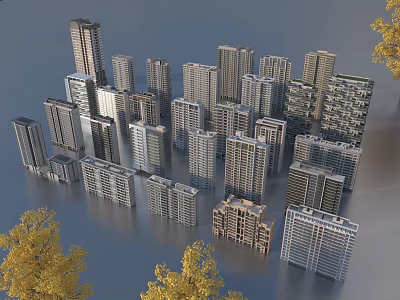 Modern High Rise Residential Buildings With Surrounding Yellow Trees And Urban Setting 3d model
