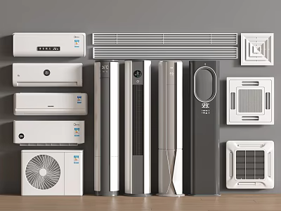 Various Air Conditioner Fan Types Including Wall Mounted and Floor Standing Models 3d model