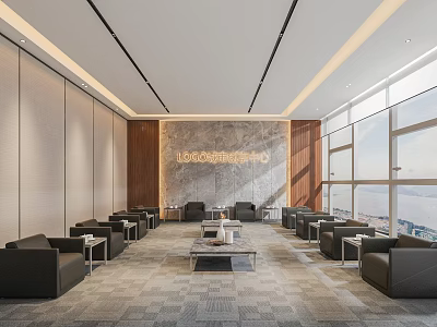 Hotel Public Lounge Area with Black Sofas Coffee Tables and Marble Accent Wall 3d model