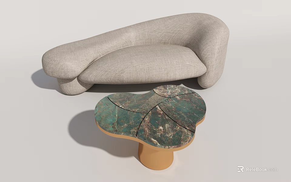 Modern Design Irregular Shape Light Gray Linen Sofa With Green Marble Flower Shaped Coffee Table 3d model