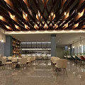 Modern Café Interior With Wooden Geometric Ceiling Pendant Lights Bookshelves Bar Counter And Colorful Chairs