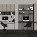 Modern Home Office Desk Setup With Ergonomic Chair Bookshelf And Monitor
