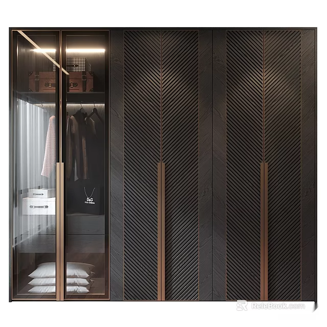 Modern Wardrobe Dark Colored Doors With Herringbone Pattern And Gold Handles For Stylish Storage Space 3d model 