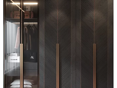 Modern Wardrobe Dark Colored Doors With Herringbone Pattern And Gold Handles For Stylish Storage Space 3d model