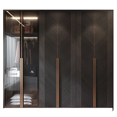 Modern Wardrobe Dark Colored Doors With Herringbone Pattern And Gold Handles For Stylish Storage Space 3d model