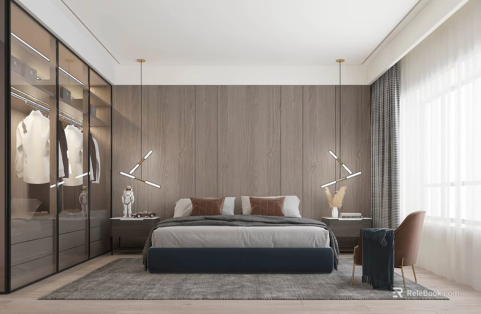 Modern Bedroom Interior With Wooden Wall Panels Pendant Lights Wardrobe And Rug 3d model 