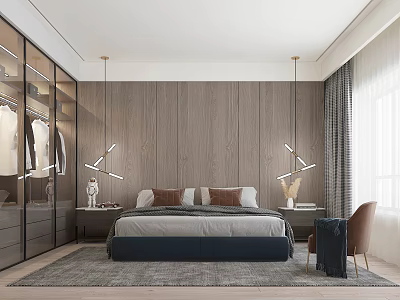 Modern Bedroom Interior With Wooden Wall Panels Pendant Lights Wardrobe And Rug 3d model