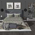 Double Bed With Grey Headboard Beige Bedding Nightstands Table Lamps And Wall Art