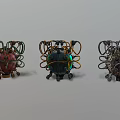 Multi Colored Spherical Mechanical Devices With Intricate Wiring And Metal Structures 3d model
