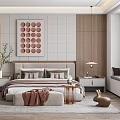 Contemporary Bedroom Interior Featuring Circular Artwork Wooden Wall Pendant Light And Bedside Table