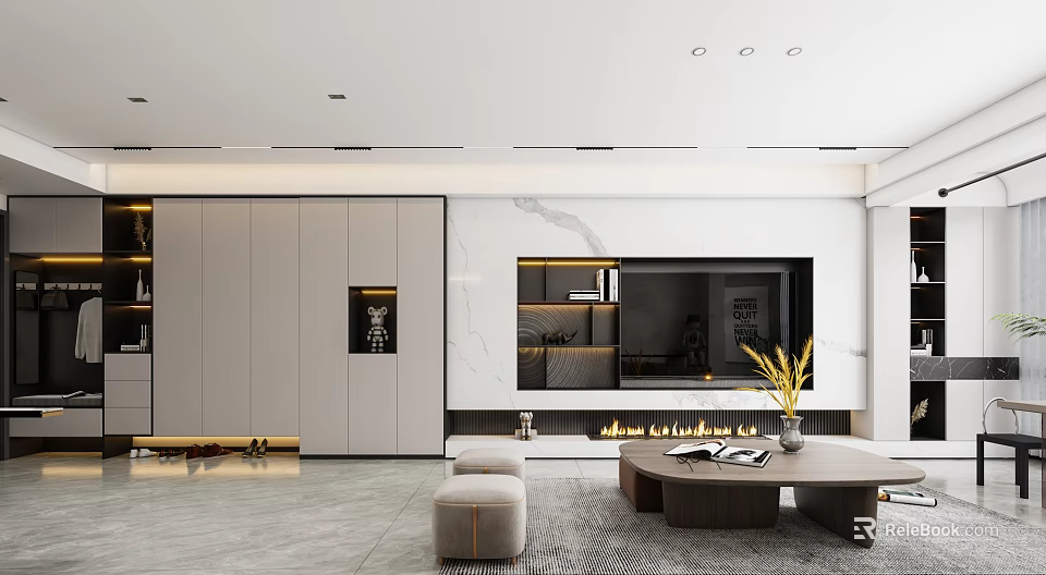 Modern Living and Dining Room Interior Design With Marble TV Wall Fireplace Coffee Table and Cabinets 3d model 