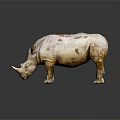 White And Yellow Rhinoceros Sculpture With Red Spots Standing On Dark Background With Reflection