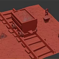 Mine Cart With Blue Ores On Railroad Tracks Near Lantern Hard Hat And Axe