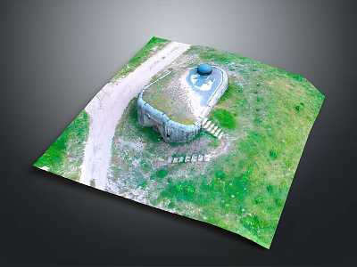 Outdoor Circular Bunker Structure In Square Green Grassy Area With Dirt Path And Stone Steps 3d model