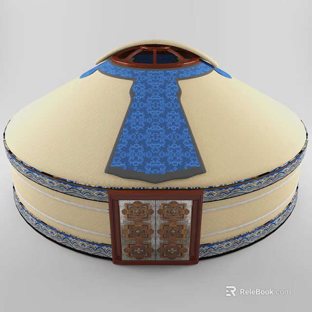 Traditional Yurt With Circular Structure Beige Body Blue Patterns And Wooden Carved Door 3d model 