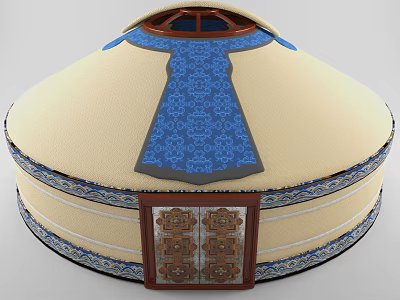Traditional Yurt With Circular Structure Beige Body Blue Patterns And Wooden Carved Door 3d model
