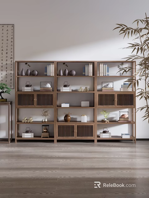 Chinese Antique Bogu Shelf Displaying Books Vases Ornaments in Traditional Interior with Bamboo 3d model 