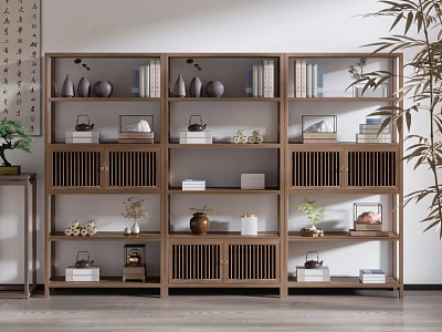 Chinese Antique Bogu Shelf Displaying Books Vases Ornaments in Traditional Interior with Bamboo 3d model