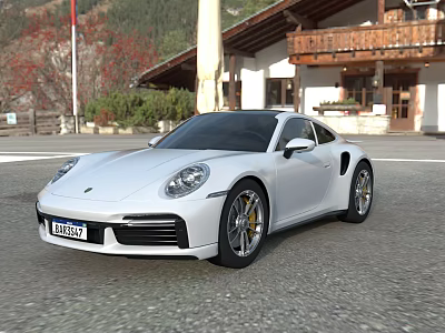 White Porsche Sports Car Parked Outdoor With Building And Mountain View 3d model