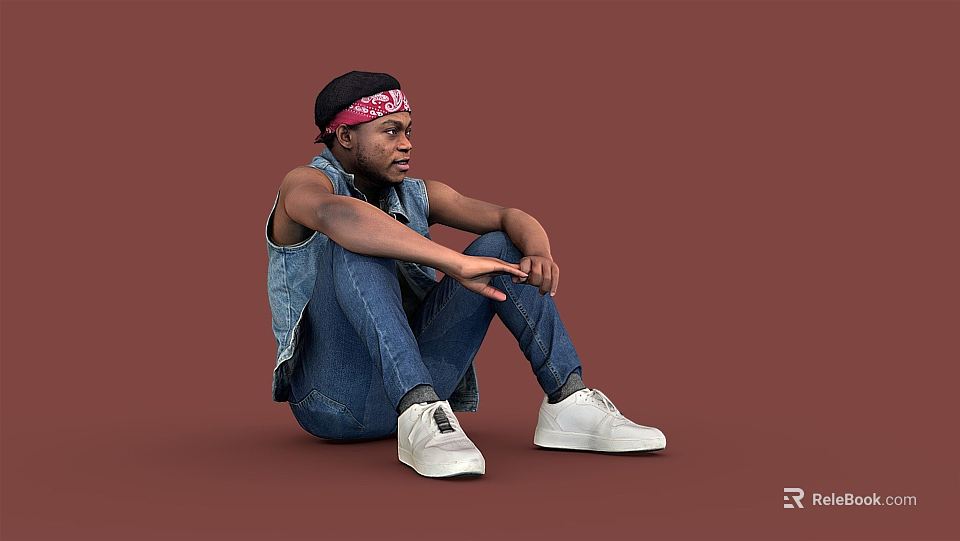 Man Sitting Red Background With Red Bandana Sleeveless Denim Vest Blue Jeans And White Sneakers 3d model 