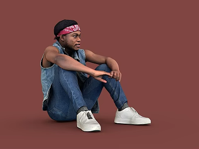 Man Sitting Red Background With Red Bandana Sleeveless Denim Vest Blue Jeans And White Sneakers 3d model