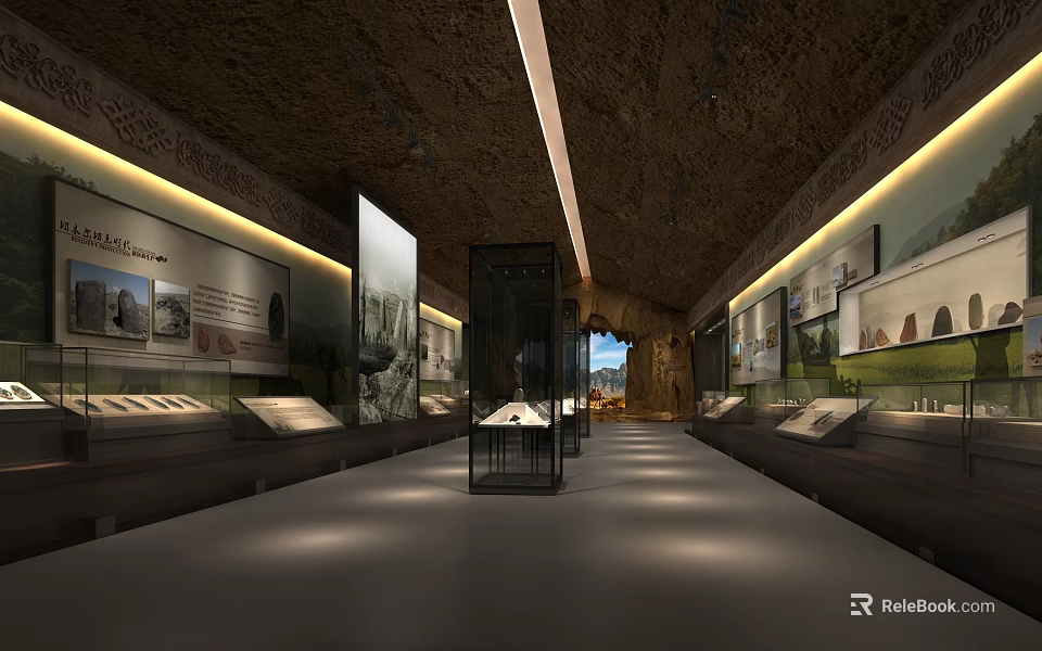 Museum Exhibition Hall Interior With Ancient Relics Display Cases And Rock Wall Lighting 3d model 
