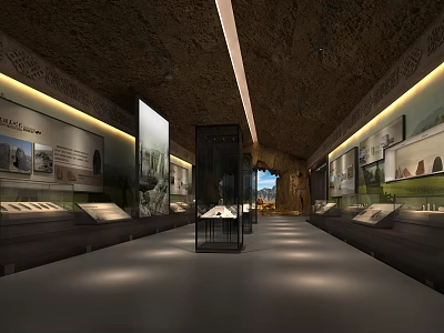 Museum Exhibition Hall Interior With Ancient Relics Display Cases And Rock Wall Lighting 3d model