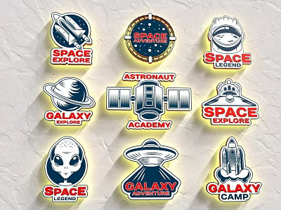Space Themed Brand Logos Featuring Astronaut Galaxy Explore Rocket And UFO Designs 3d model