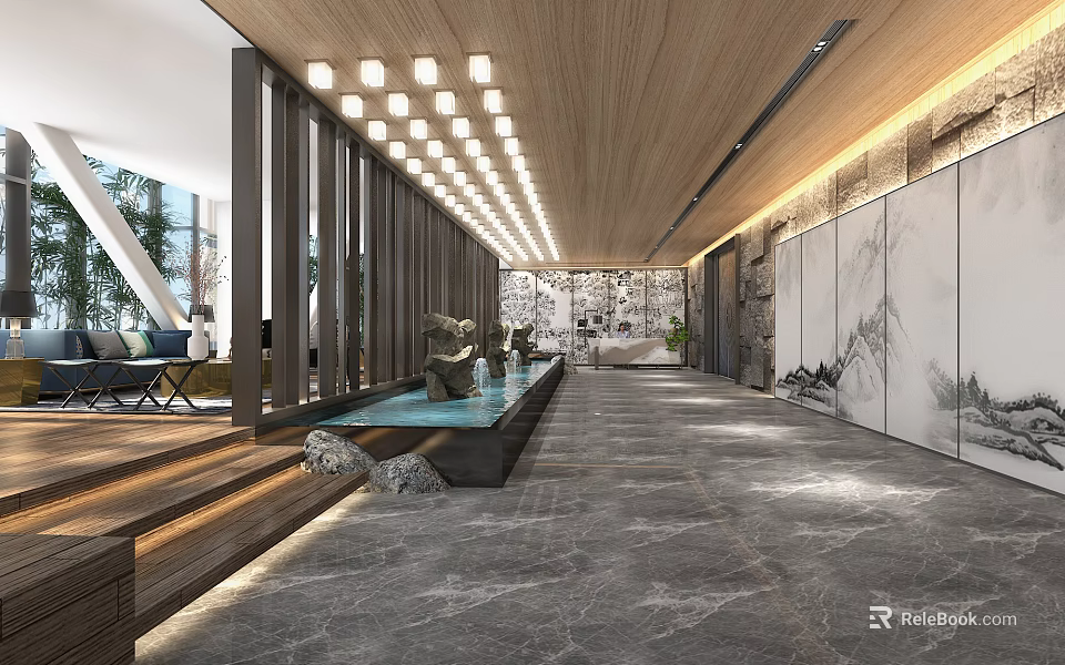 Modern Hotel Lobby Interior With Spacious Design Water Feature And Wooden Ceiling 3d model 