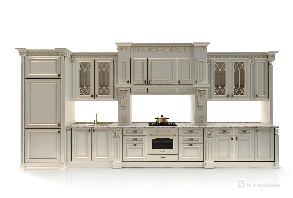 Elegant Classic Kitchen Cabinets With Carved Design Glass Doors And Upper Lower Storage 3d model 