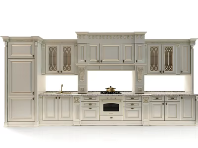 Elegant Classic Kitchen Cabinets With Carved Design Glass Doors And Upper Lower Storage 3d model