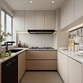 Bright Modern Kitchen With White Light Wood Cabinets Black Range Hood And Built in Stove