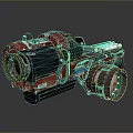 Red Mechanical Weapon With Metallic Structure Black Components And Green Wheels