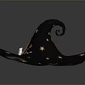 Decorative Black Wizard Hat Featuring Gold Stars Small Moon Branch Decoration And Curled Edge