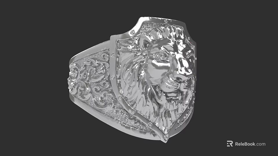 Silver Ring with Engraved Lion Head and Intricate Floral Patterns Design 3d model 