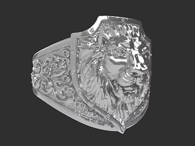 Silver Ring with Engraved Lion Head and Intricate Floral Patterns Design 3d model
