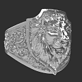 Silver Ring with Engraved Lion Head and Intricate Floral Patterns Design
