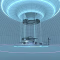 Futuristic Exhibition Space With Suspended Purple Car On Circular Platform And Holographic Car Projections