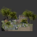 Cartoon Scenic Model Featuring Log Cabin Small Stream Green Trees And Rocks